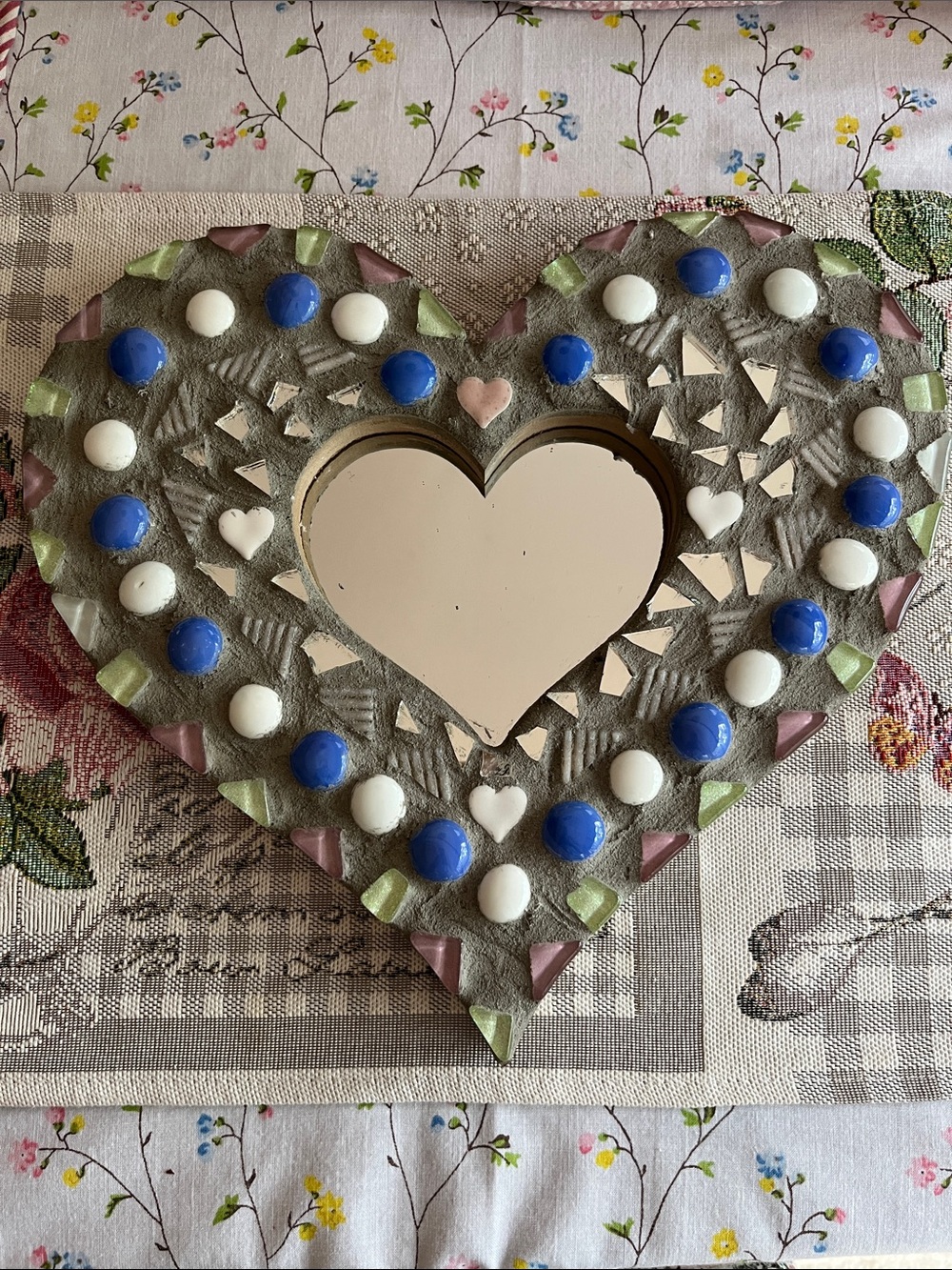 Handmade Heart Shape Mosaic Wall Mirror Blue, White & Green cottagecore